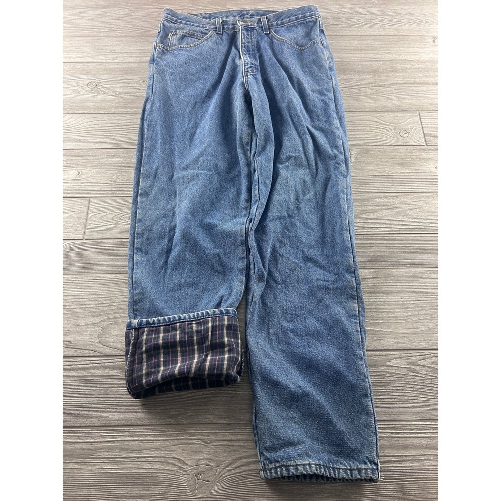 LL Bean Double L Natural Fit Flannel Lined Jeans Mens 34x32 Blue Plaid JW72
